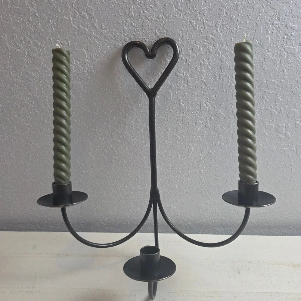 Black Wrought Iron 3 Light Heart Candelabra Taper Candle Holder Rustic Farmhouse